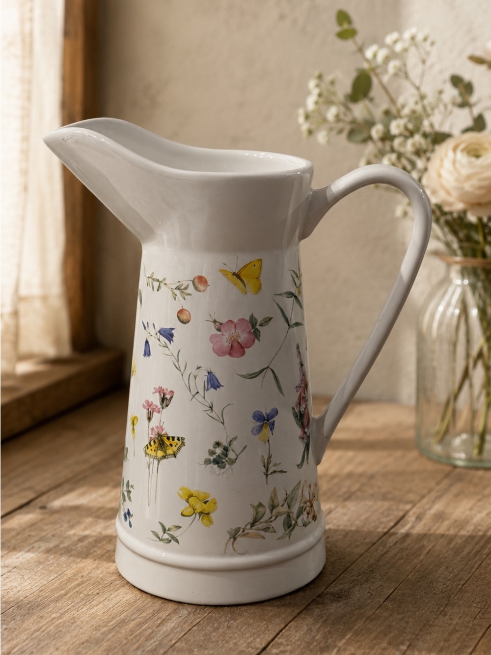 Marjolein Bastin Hallmark Ceramic Floral Pitcher Butterfly Wildflower Vase 1999 - Picture 3 of 4